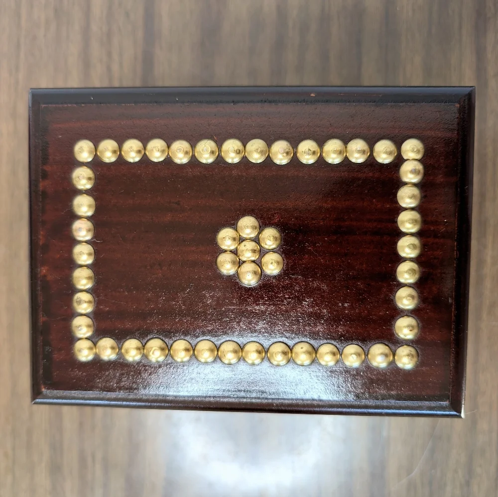 Vintage Dark Red Brown Mahogany Color Wooden Box With Gold Tone Brass Details